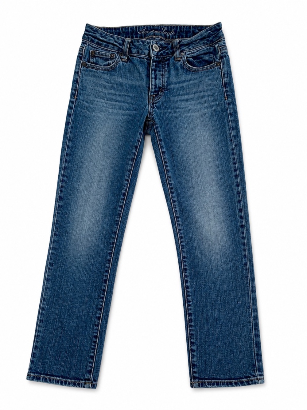 AMERICAN EAGLE BOY JEAN STRAIGHT LEG JEANS WOMENS SIZE 00 BLUE STRETCH Y2K